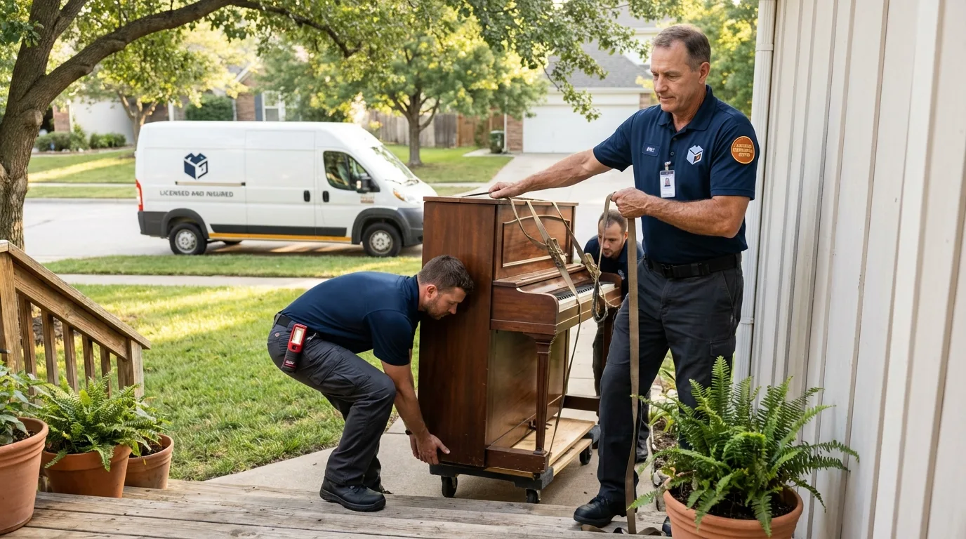 Licensed piano movers securing grand piano in Tuckerton, NJ