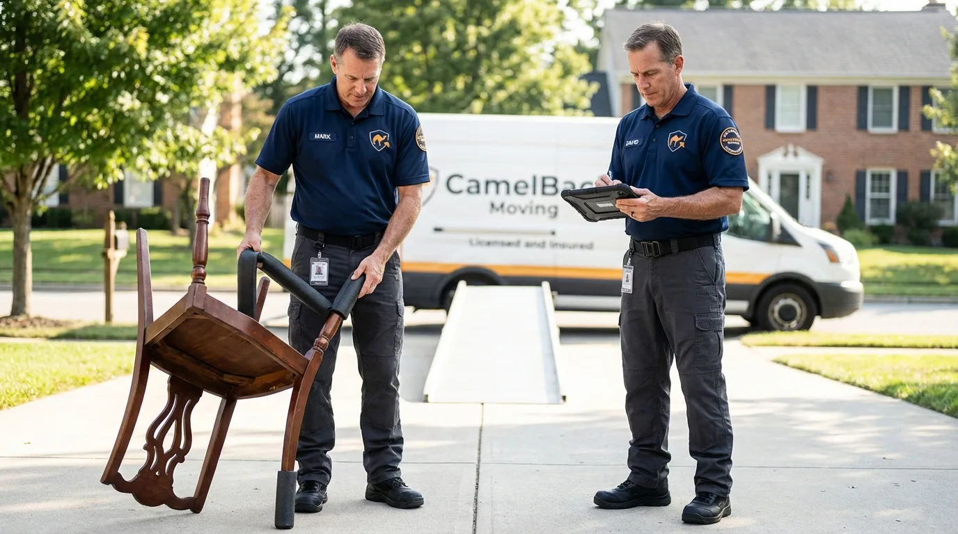 Movers inspecting furniture for damage prevention before loading in Tuckerton, NJ