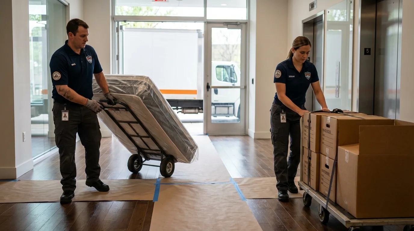 Professional apartment movers loading elevator in Tuckerton, NJ