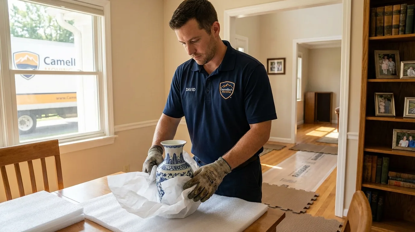 Professional crew carefully wrapping antique vase for senior downsizing move in Tuckerton, NJ